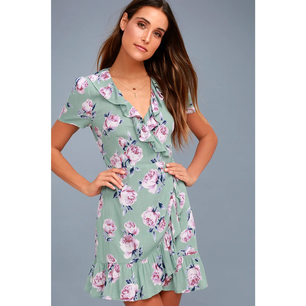 Lulus How Does Your Gardenia Grow Sage Green Floral Print Wrap Dress XS Ruffle